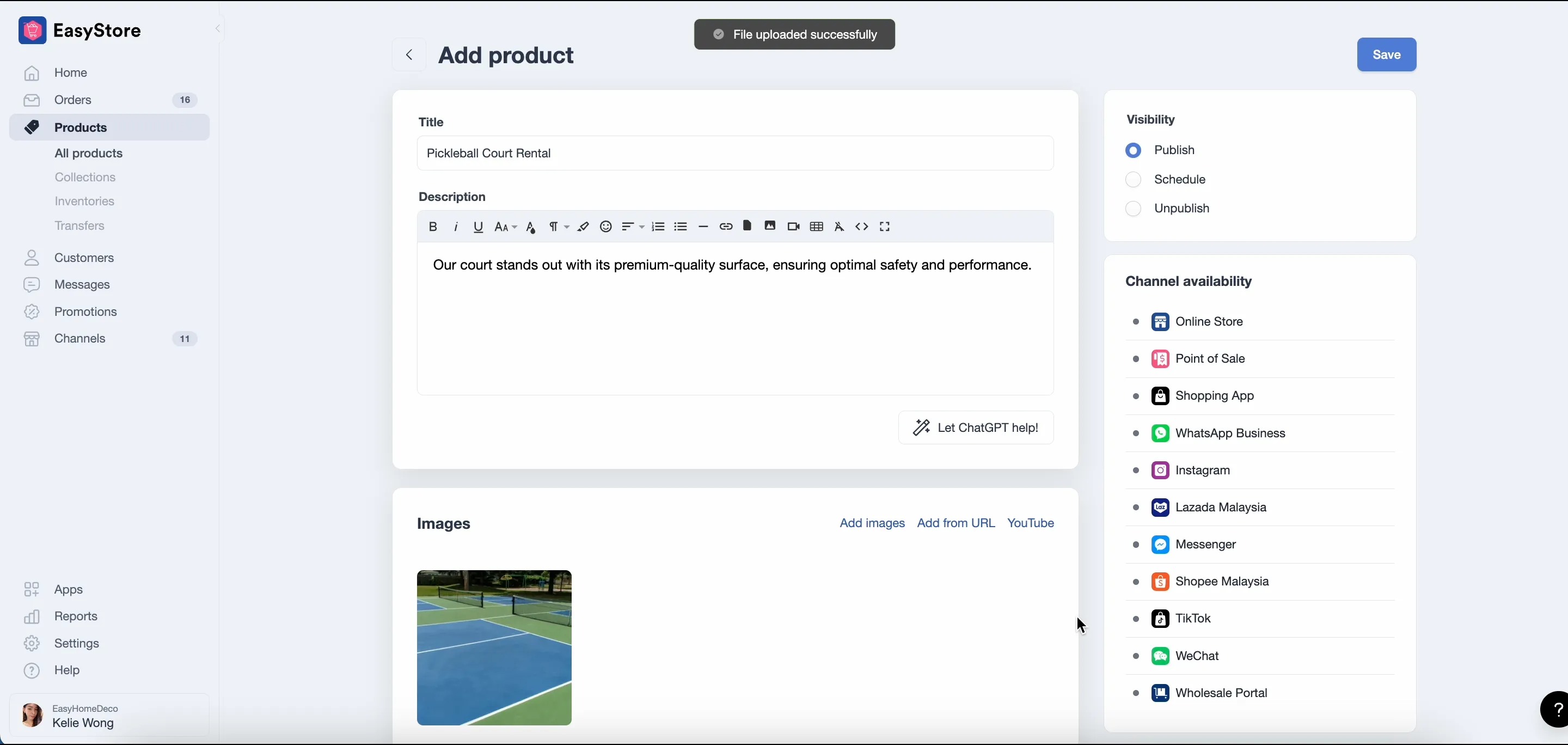 EasyStore Step 1: Add a New Product – Pickleball Court Rental
