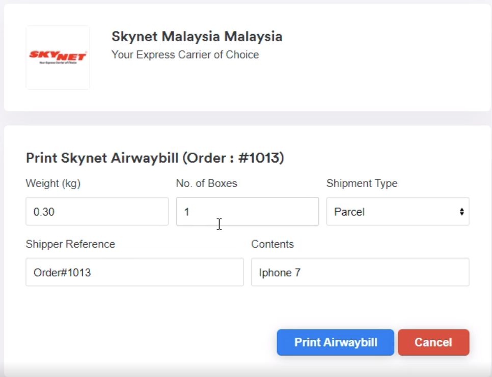 Print Single and Bulky Skynet Airwaybills for your orders.