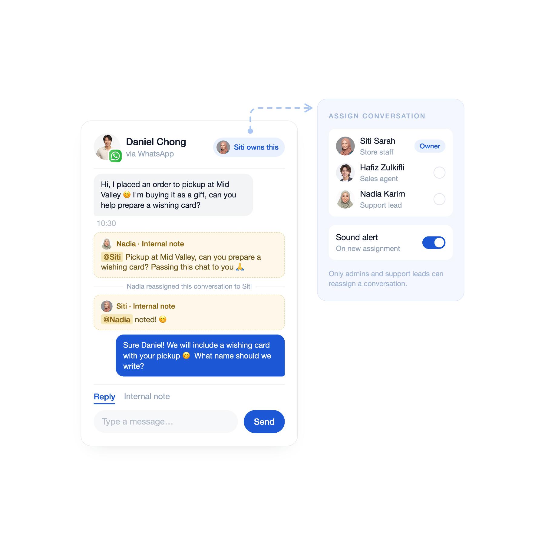 Move a conversation to the right person without losing context | EasyStore